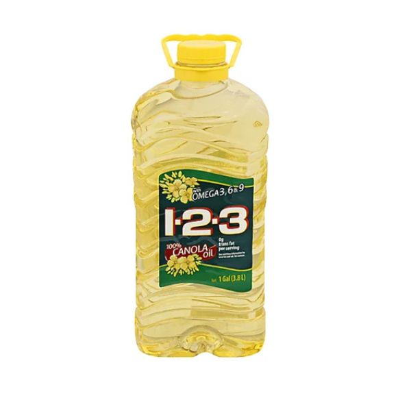 Bottle of 1-2-3 Canola Oil on a white background