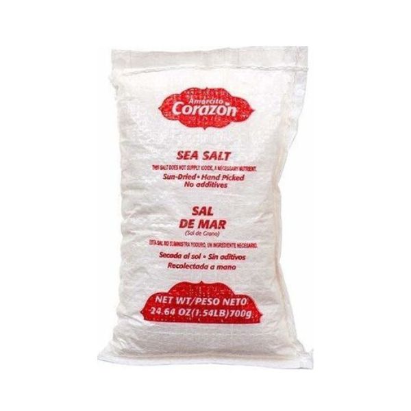 Bag of American Corazon sea salt on a white background