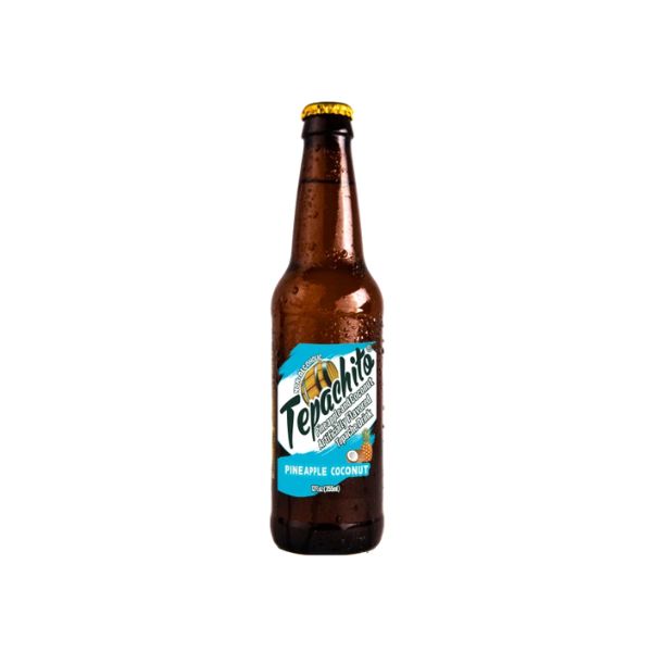 Brown beer bottle with a blue label on a white background