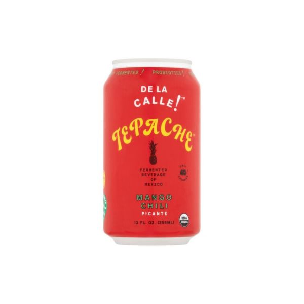 Red can of Tepache with yellow text on a white background