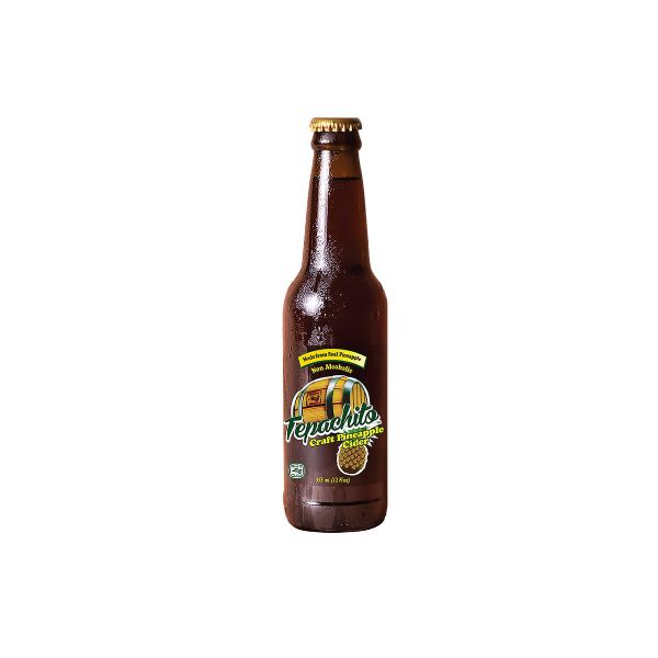 Brown beer bottle with a label on a white background