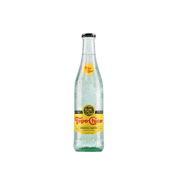 Topo Chico bottle with a yellow label on a white background