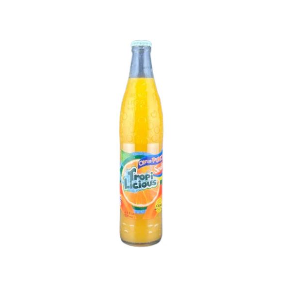 Bottle of Tropic Licious orange juice on a white background